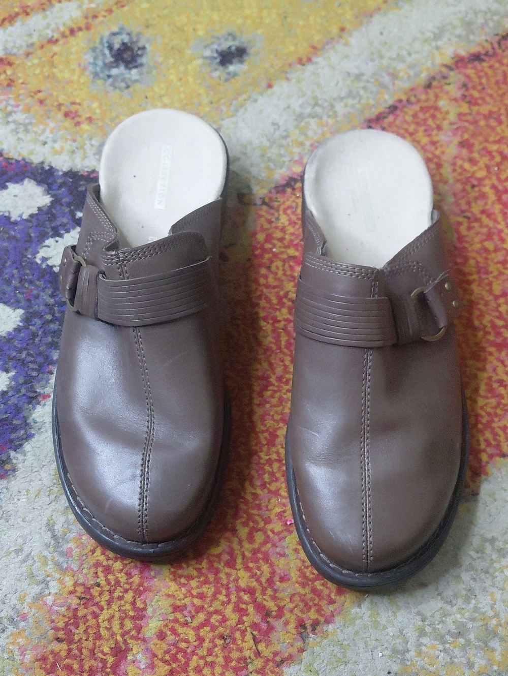 Clarks Brown Leather Slip-On Women's Clogs with Buckle Detail